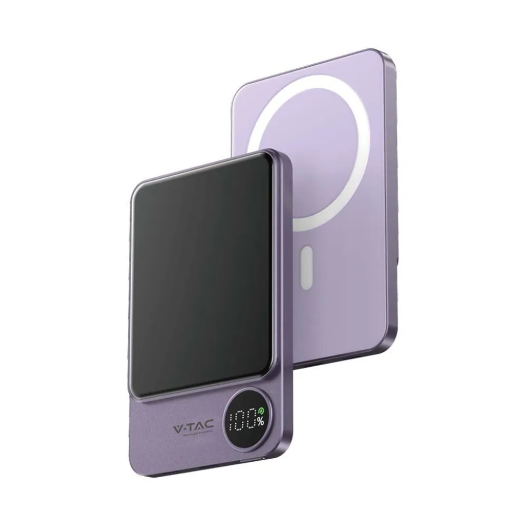 Power Bank 5.000 mAh MagSafe Ultra Sottile 9mm in Lega di Alluminio Magnetico con Display e Ricarica Wireless Colore Viola, vista angolata
