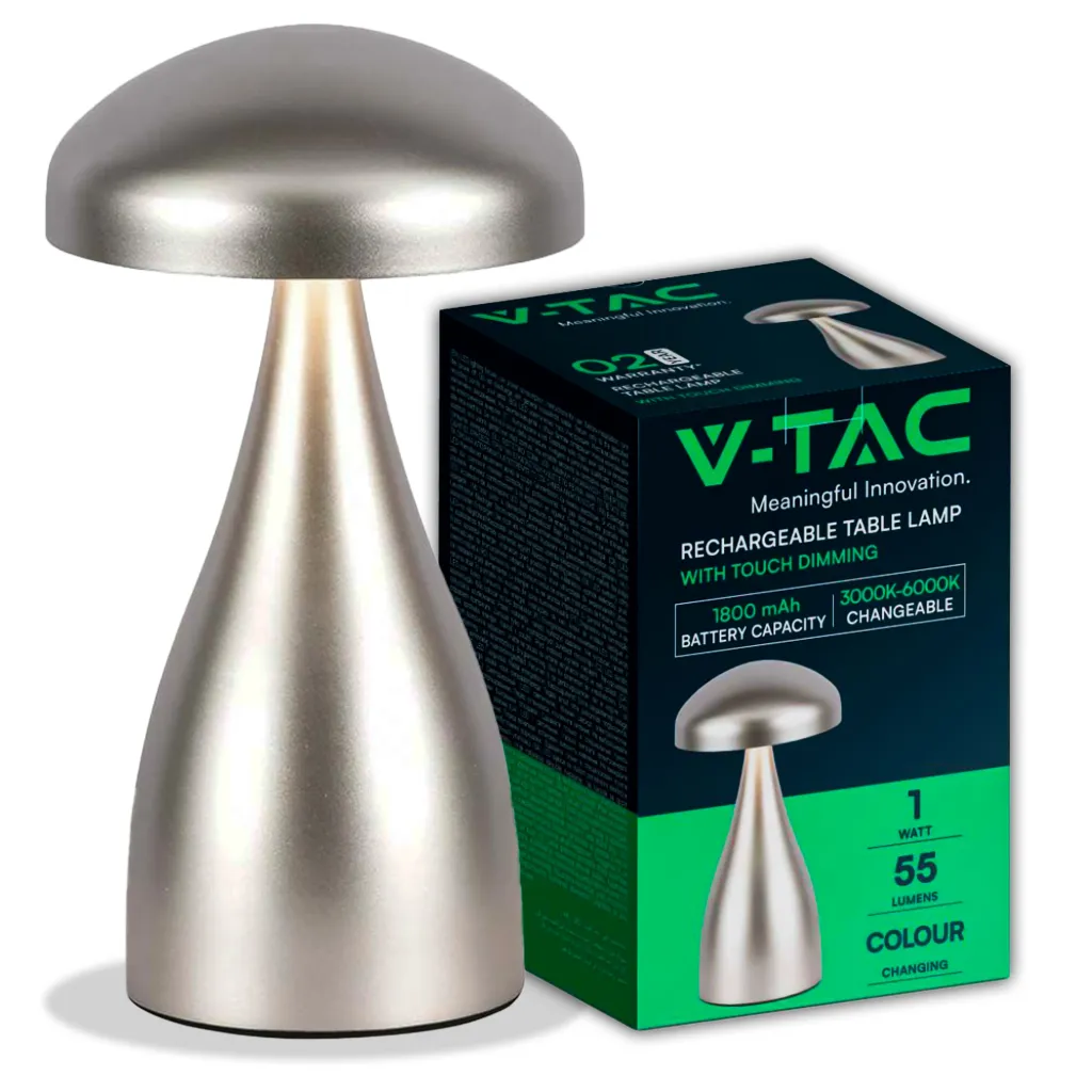 Lampada LED da Tavolo 1W con Batteria 800mAh Ricaricabile USB C Colore Champagne in Metallo Touch Dimmerabile 3in1, vista angolata con scatola