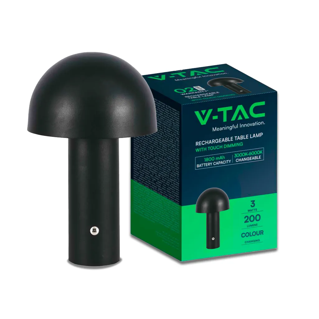 Lampada LED da Tavolo 3W con Batteria 1800mAh Ricaricabile USB C Colore Nero in Metallo Touch Dimmerabile 3in1, vista angolata con scatola