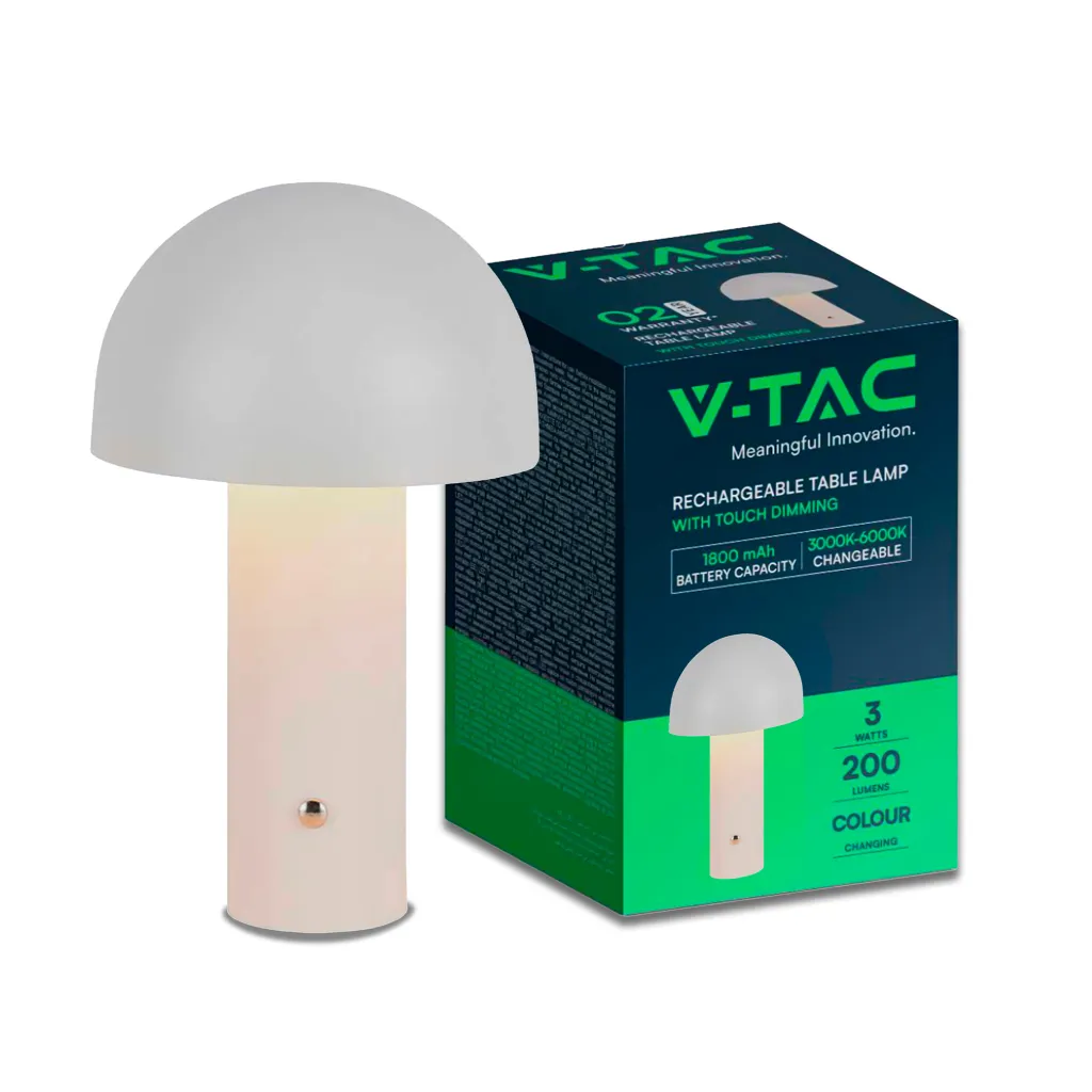 Lampada LED da Tavolo 3W con Batteria 1800mAh Ricaricabile USB C Colore Bianco in Metallo Touch Dimmerabile 3in1, vista angolata con scatola