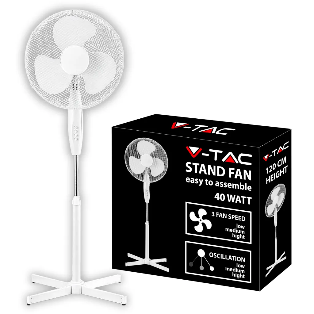 Ventilatore con Base a Croce 40W Altezza Regolabile (Max 120cm) 3 Pale a 3 Velocità Rotante Colore Bianco, vista frontale con scatola