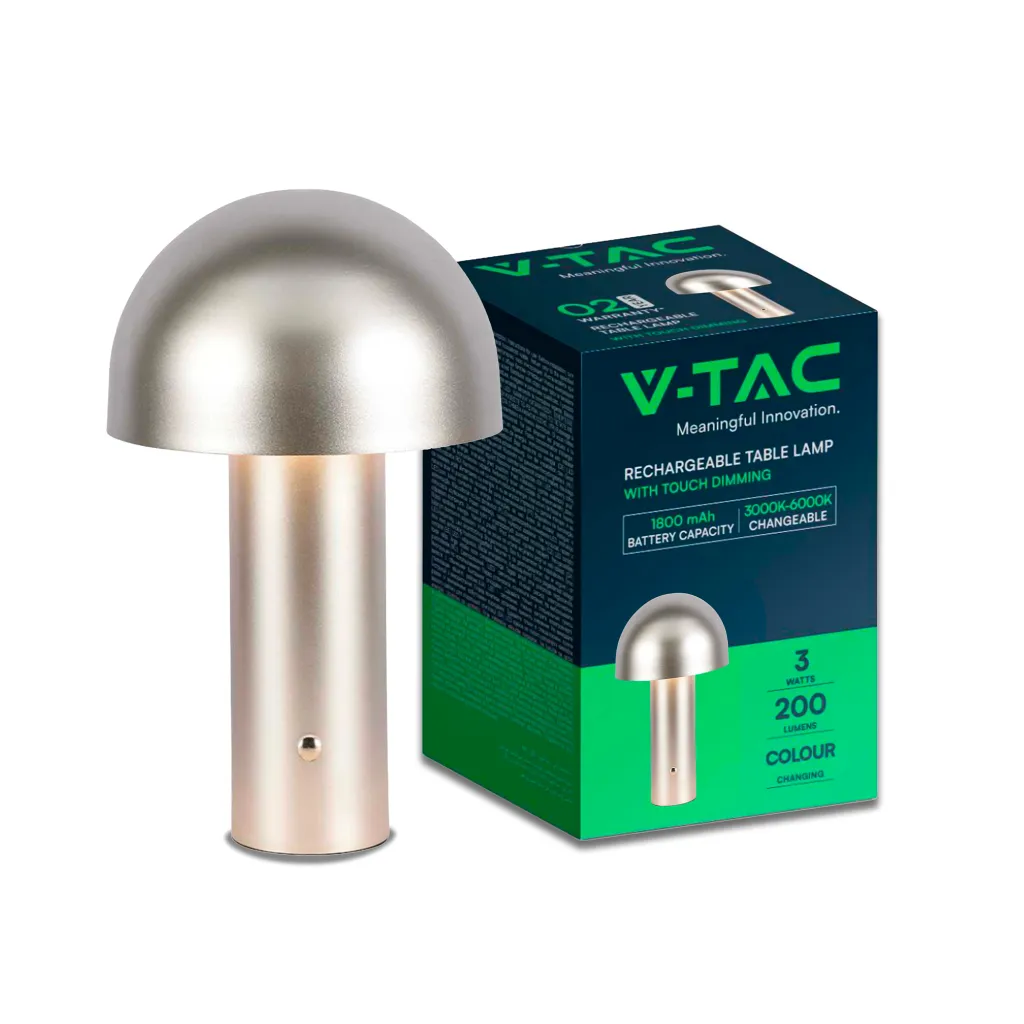 Lampada LED da Tavolo 3W con Batteria 1800mAh Ricaricabile USB C Colore Champagne Oro in Metallo Touch Dimmerabile 3in1, vista frontale con scatola