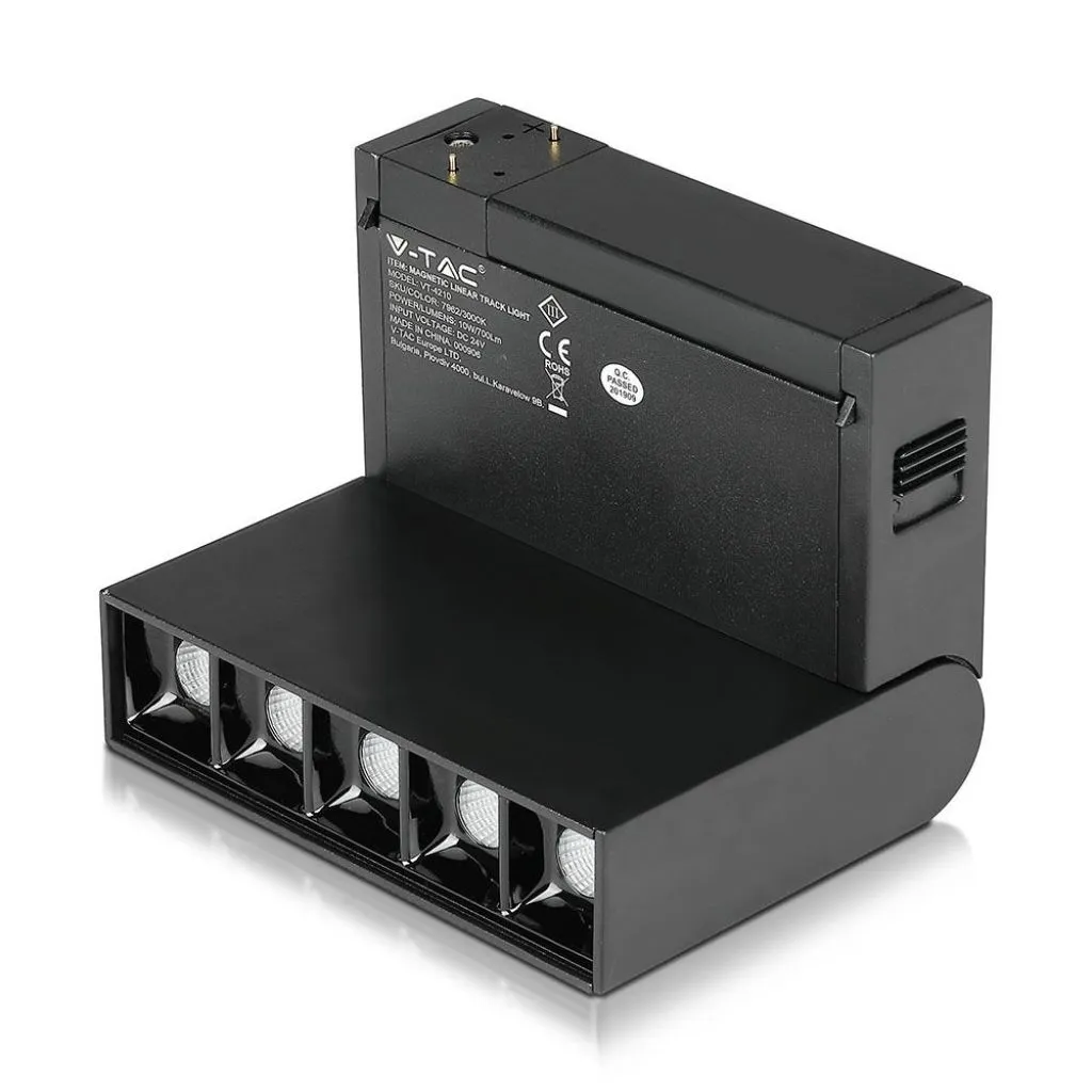 Faretto LED SMD Lineare da Binario Magnetico Regolabile 10W 5x2W 24V UGR19 Colore Nero 4000K CRI90, vista angolata posteriore