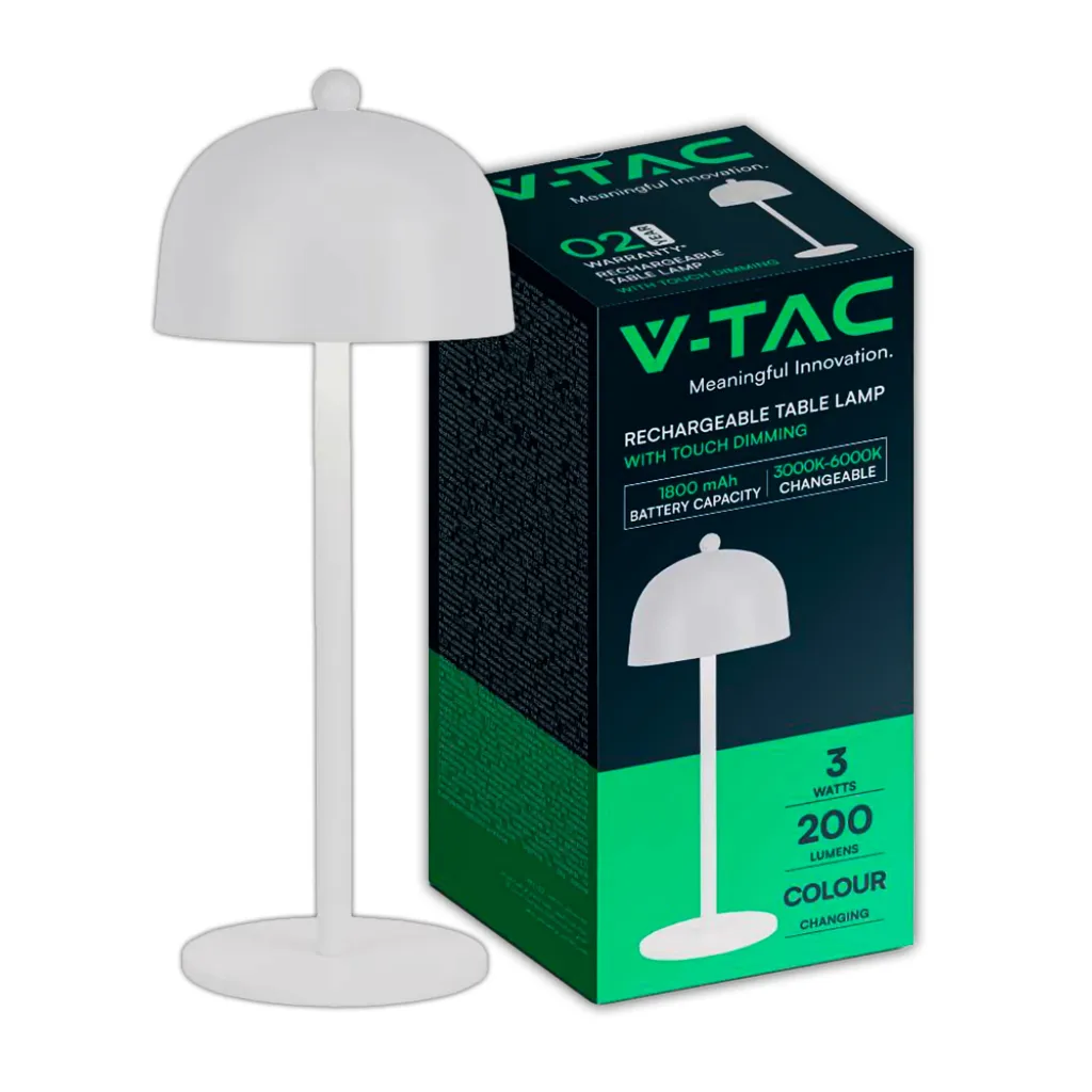 Lampada LED da Tavolo 3W con Batteria 1800mAh Ricaricabile USB C Colore Bianco in Metallo Touch Dimmerabile 3in1, vista frontale con scatola