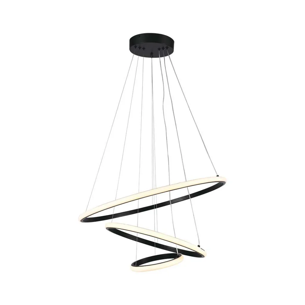 Lampadario LED a Sospensione con 3 Cerchi 32W in Metallo Colore Nero 60x40x20cm 3000K, vista angolata frontale