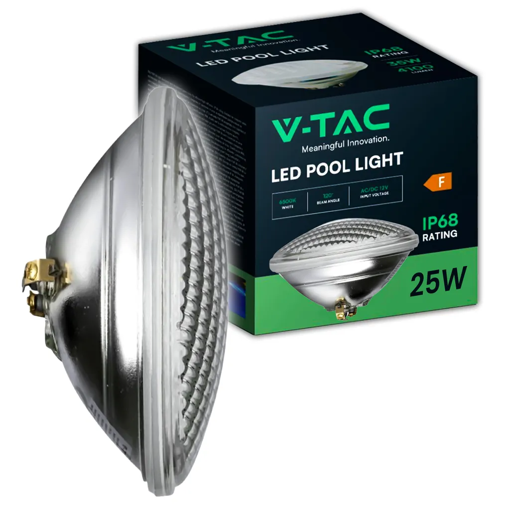 Lampada Led Da Piscina In Vetro 25W Par56 6400K, vista angolata con scatola