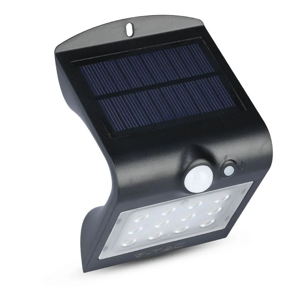 Lampada LED Solare da Muro a Batteria 1,5W 150LM/W 14LED con Sensore PIR Colore Nero 4000K, vista angolata frontale