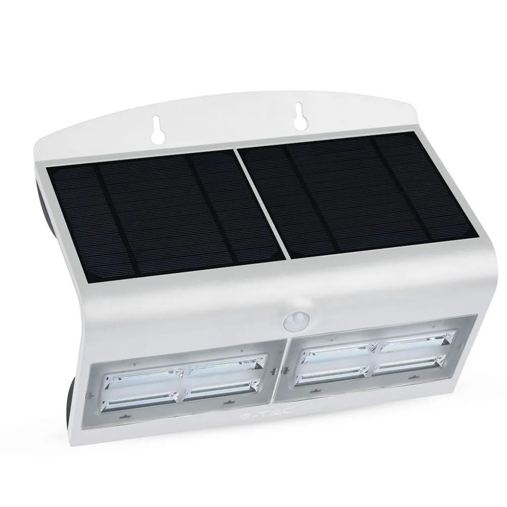 Lampada LED Solare da Muro a Batteria 6,8W 60LED con Sensore PIR Colore Bianco 4000K, vista angolata frontale