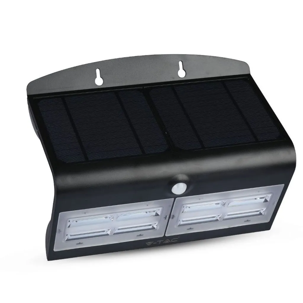 Lampada LED Solare da Muro a Batteria 7W 60LED con Sensore PIR Colore Nero 4000K, vista frontale angolata