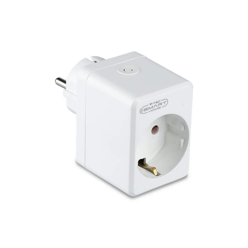 Presa con Spina a Schuko WiFi 10A 2P + Schuko USB e Interruttore Compatibile con Google Home e Amazon Alexa via App V-Tac Smart, vista angolata frontale