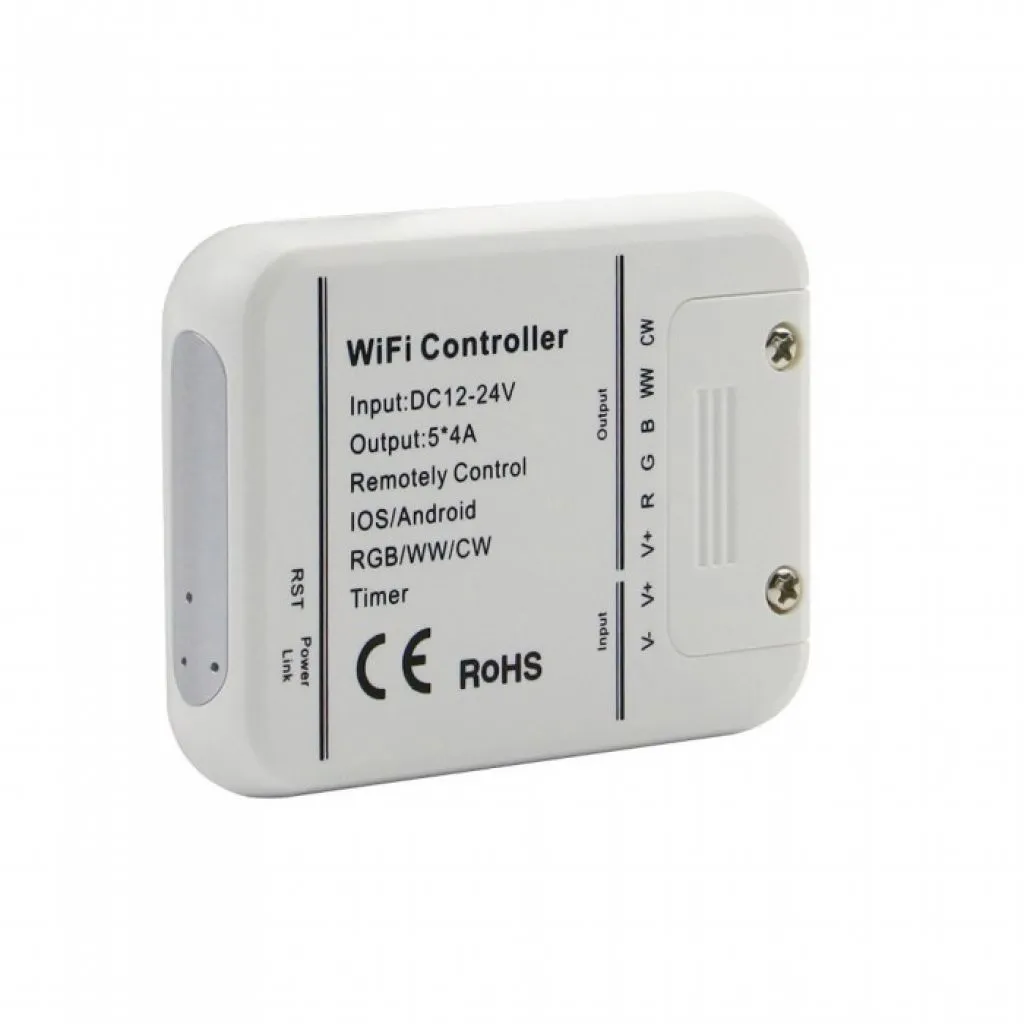 Controller LED Smart WiFi RGB+CCT 5 Canali 12/24V Alexa/Google, vista angolata frontale