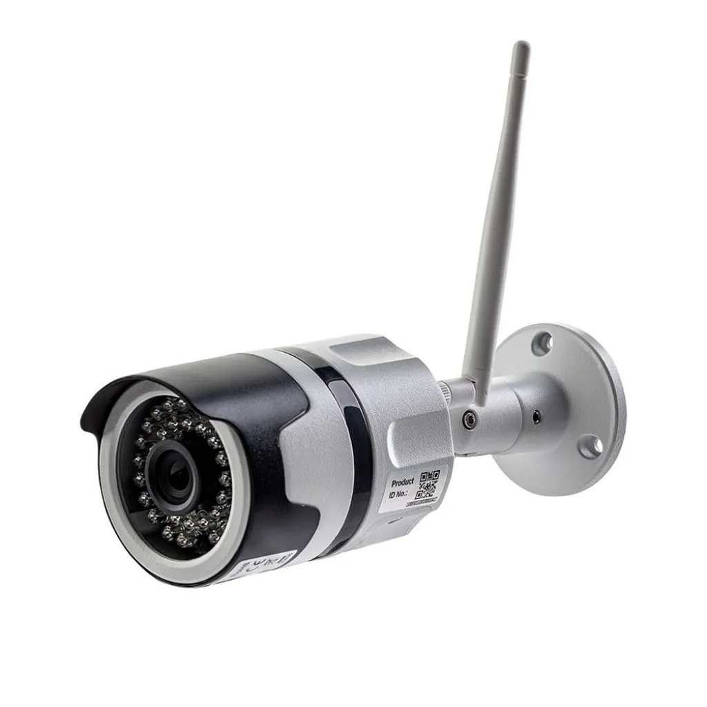 Camera di Videosorveglianza da Interno/Esterno IP WiFi 2MP 1080px Visione Notturna Sensore Movimento 2 Canali Audio SD 64Gb, vista frontale angolata
