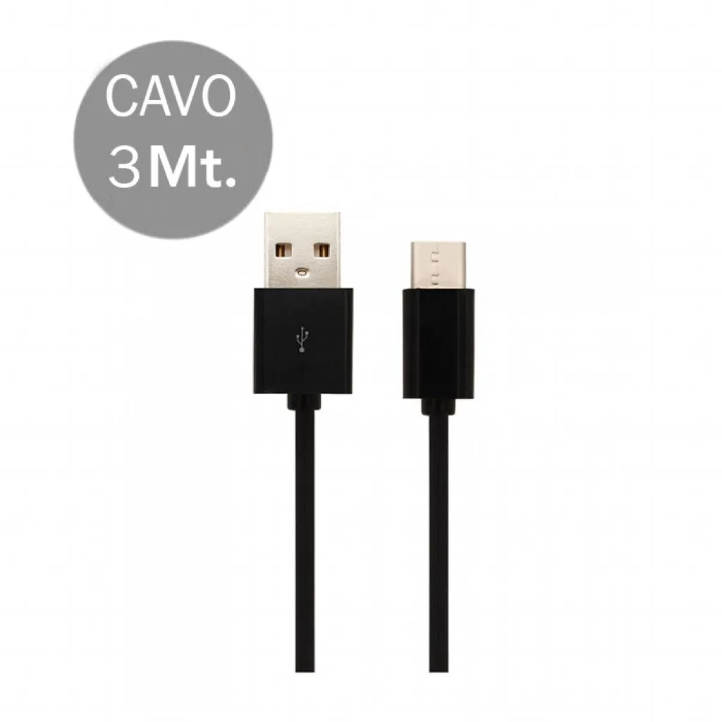 Cavo da USB Tipo-C a USB-A 3m Ricarica Rapida 2.4A Colore Nero, vista frontale