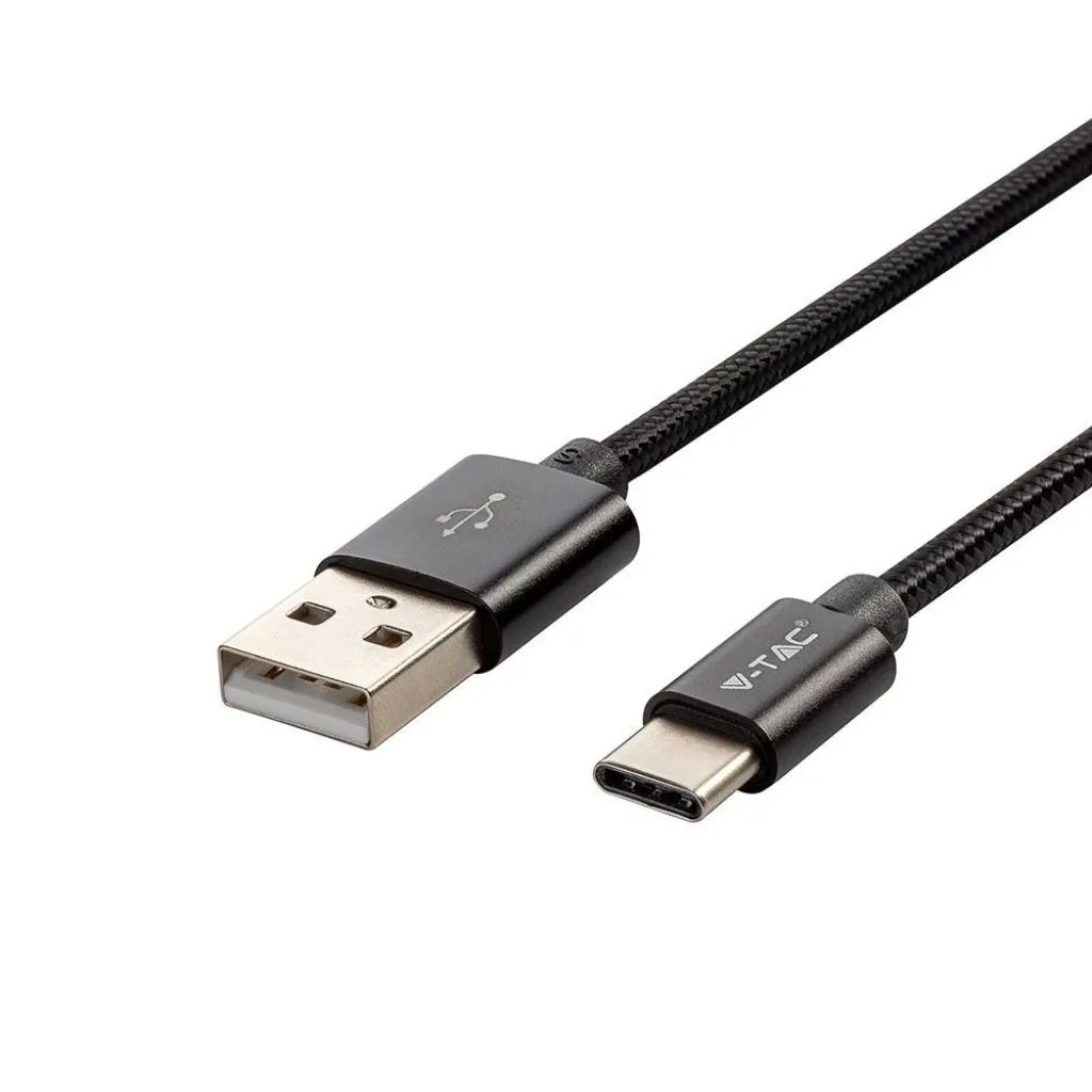 Cavo da USB Tipo-C a USB-A 1m Ricarica Rapida 2.4A Platinum Series Cavo Antigroviglio in Corda Colore Nero, vista generale dei connettori