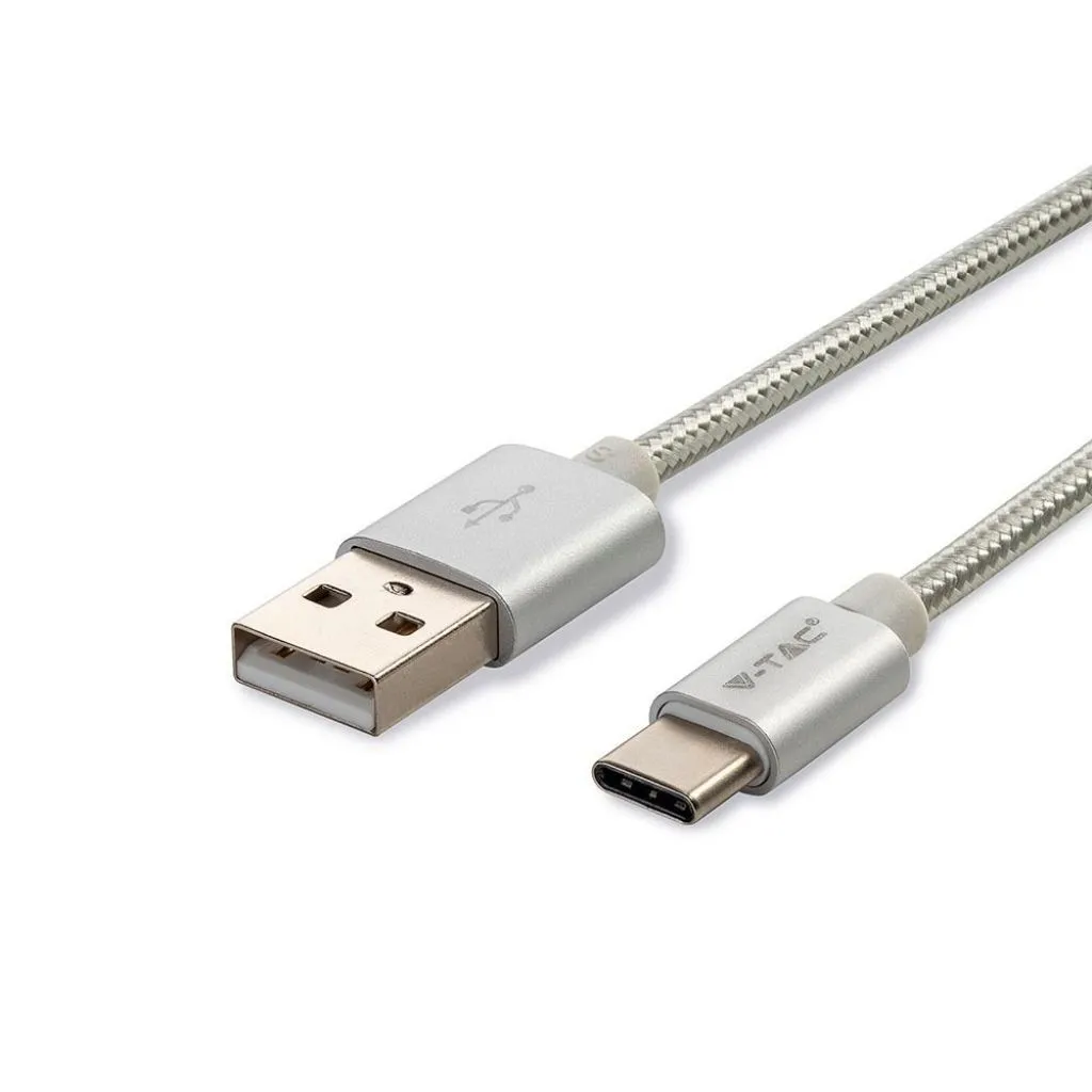 Cavo da USB Tipo-C a USB-A 1m Ricarica Rapida 2.4A Platinum Series Cavo Antigroviglio in Corda Colore Argento, dettaglio connettori