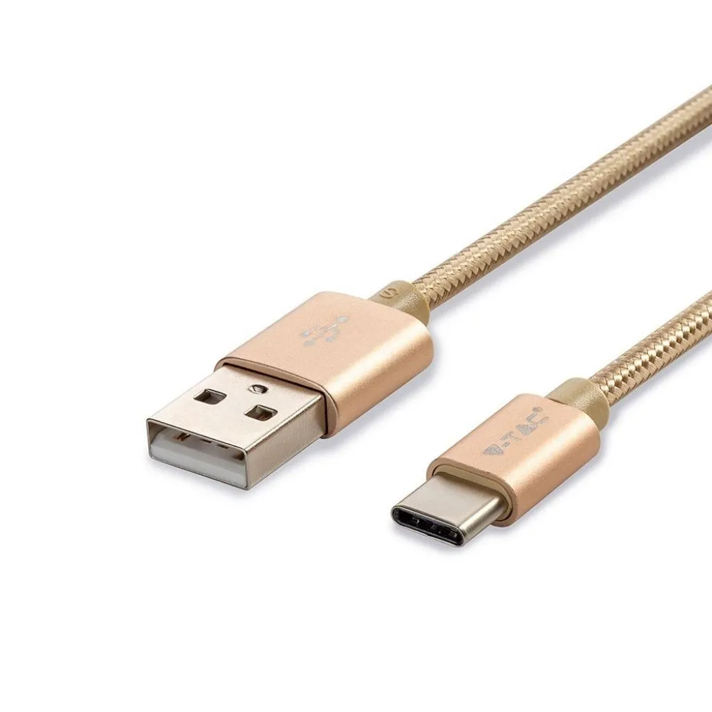 Cavo da USB Tipo-C a USB-A 1m Ricarica Rapida 2.4A Platinum Series Cavo Antigroviglio in Corda Colore Oro, vista dei connettori
