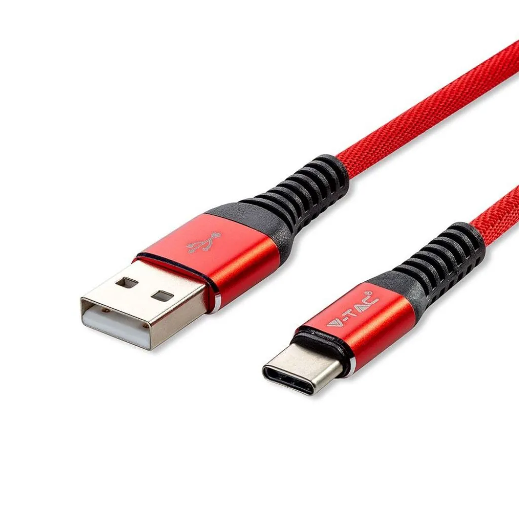 Cavo da USB Tipo-C a USB-A 1m Ricarica Rapida 2.4A Gold Series Cavo Antigroviglio in Corda Colore Rosso, dettaglio dei connettori