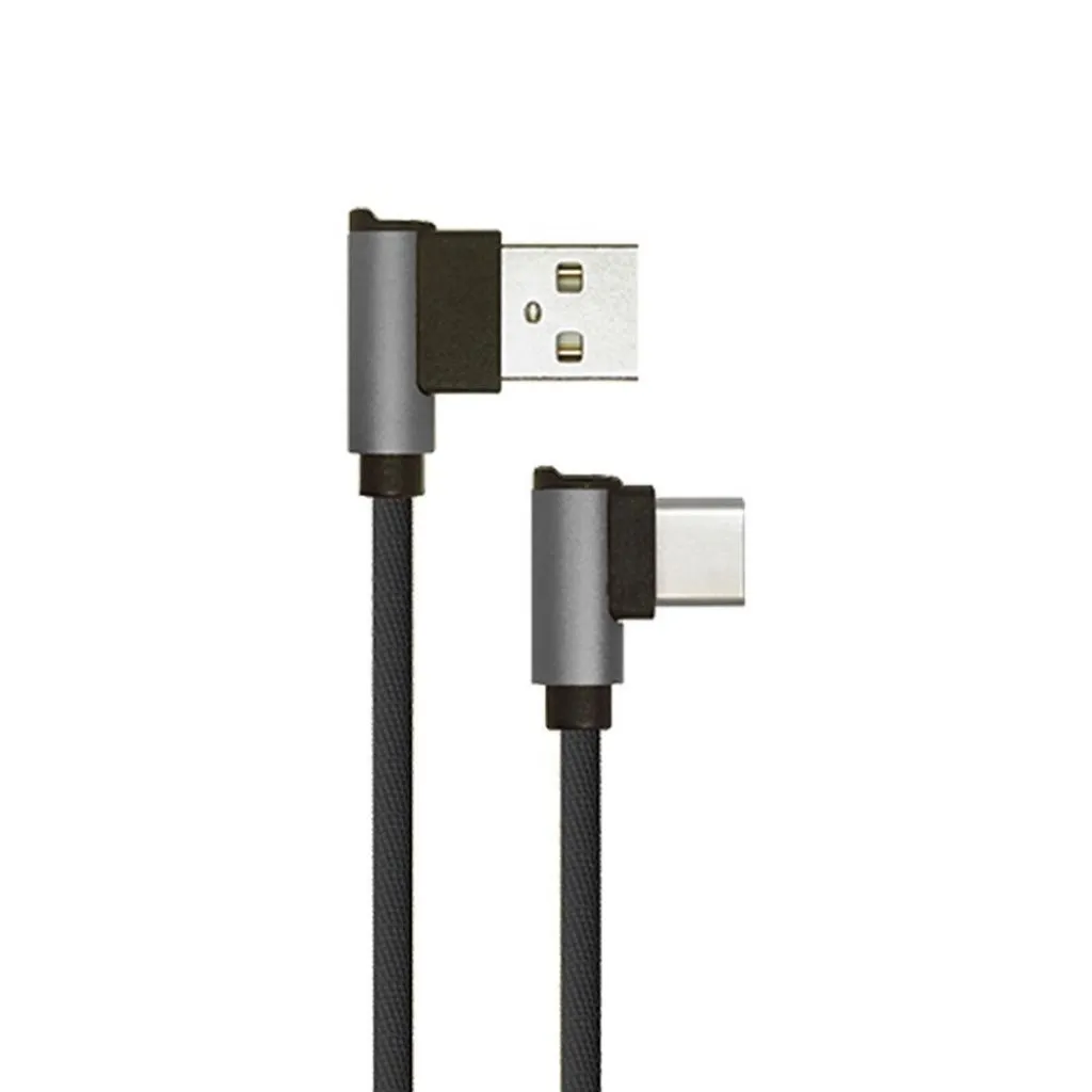 Cavo da USB Tipo-C a USB-A 1m Ricarica Rapida 2.4A Diamond Series Cavo Antigroviglio in Corda con Connettori a L Colore Nero, dettaglio dei connettori a L