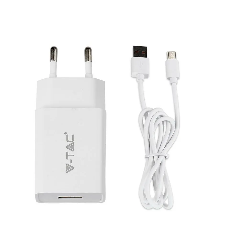 Caricatore da Viaggio con Cavo Ricarica Veloce Micro USB 2.1A Colore Bianco, vista del set completo