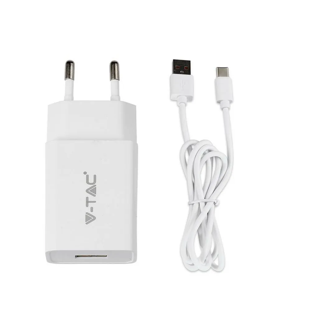 Caricatore da Viaggio con Cavo Ricarica Veloce Micro USB Tipo-C 2.1A Colore Bianco, vista generale prodotto