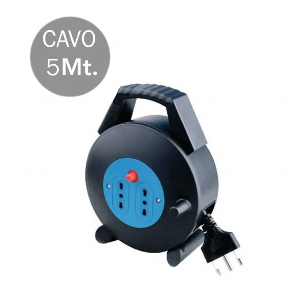 Prolunga Avvolgicavo 5m con 2x Prese Bipasso 16A, Spina Bipasso 16A e Protezione Termica Colore Nero/Blu, vista frontale angolata