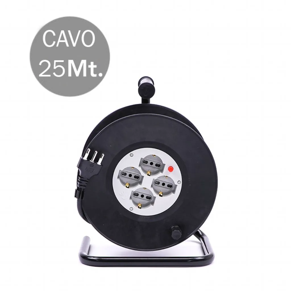 Prolunga Avvolgicavo 25m con 4x Prese Bipasso/Schuko 16A, Spina Bipasso 16A e Protezione Termica Colore Nero, vista frontale