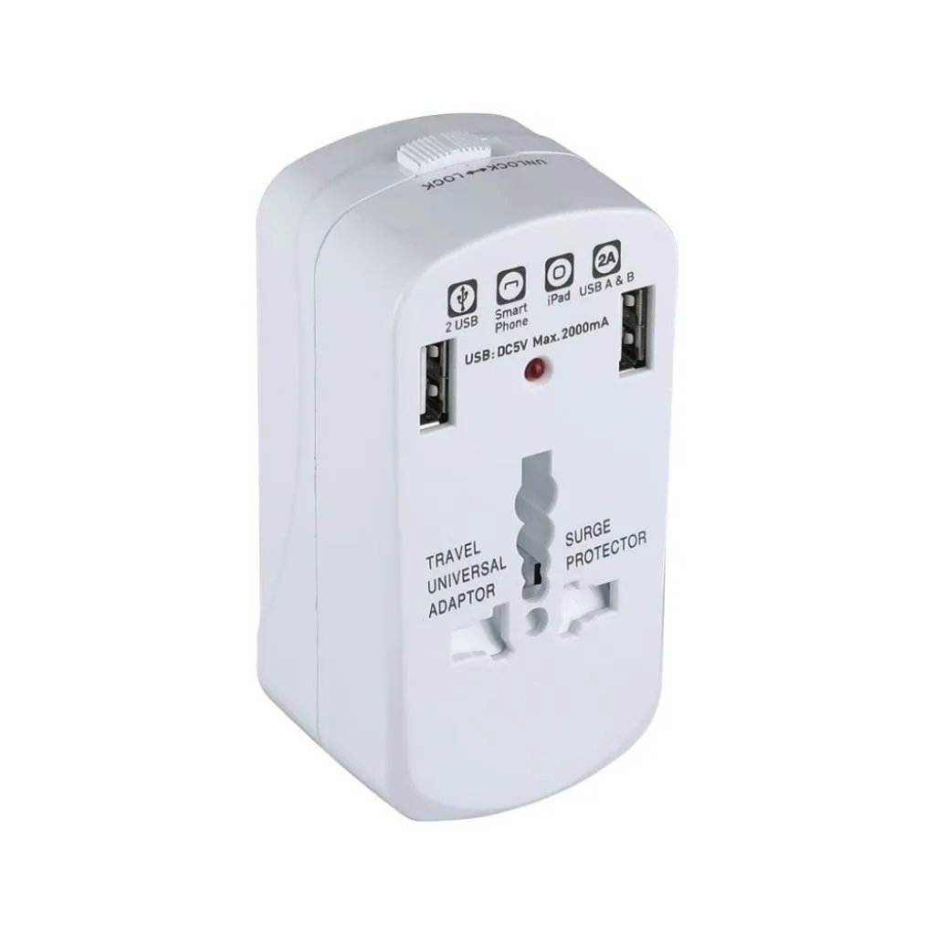 Adattatore Singolo con Presa Universale, 2x Prese USB, Spina Americana Europea Britannica, Protezione Sovraccarico Colore Bianco, vista angolata frontale