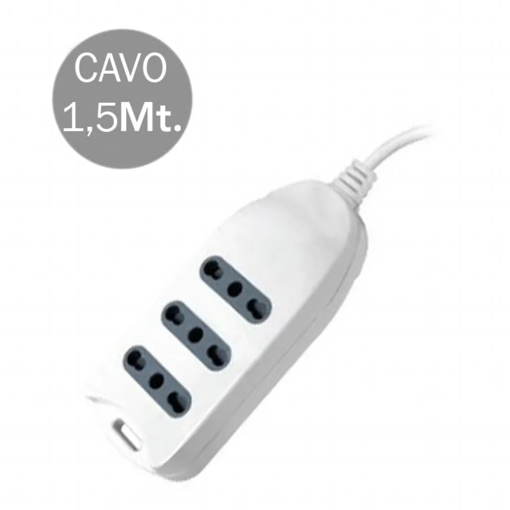 Multipresa con Cavo 1,5m e 3x Prese Bipasso 10/16A, Spina 16A Colore Bianco, vista angolata frontale