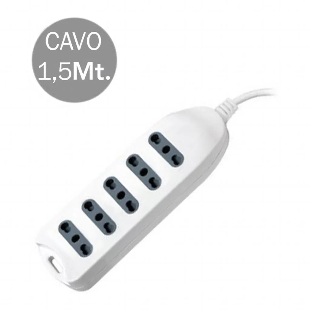 Multipresa con Cavo 1,5m e 5x Prese Bipasso 10/16A, Spina 16A Colore Bianco, vista angolata