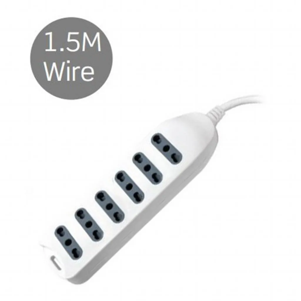 Multipresa con Cavo 1,5m e 6x Prese Bipasso 10/16A, Spina 16A Colore Bianco, vista angolata frontale