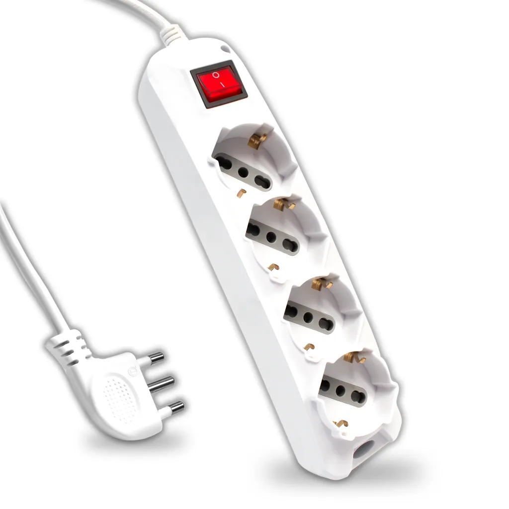 Multipresa con Cavo 1,5m e 4x Prese Bipasso/Schuko 10/16A, Spina 16A e Interruttore Colore Bianco, vista angolata