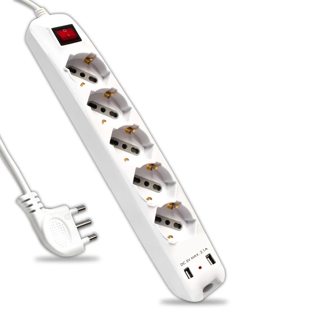 Multipresa con Cavo 15m e 5x Prese Bipasso-Schuko 10-16A 2x Prese USB-A Spina 16A e Interruttore Colore Bianco, vista angolata