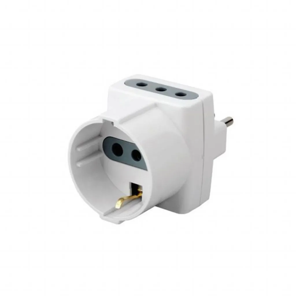 Adattatore Multipresa con 2x Prese EU Plug 10A, 1x Presa Schuko 10A, Spina 10A Colore Bianco, vista angolata