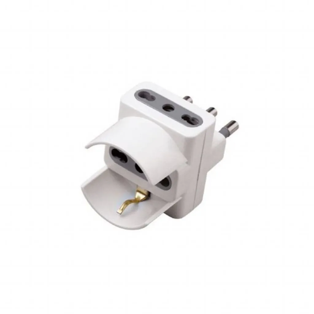 Adattatore Multipresa con 2x Prese Bipasso 10/16, 1x Presa Bipasso/Schuko 10/16A, Spina 16A Colore Bianco, vista angolata