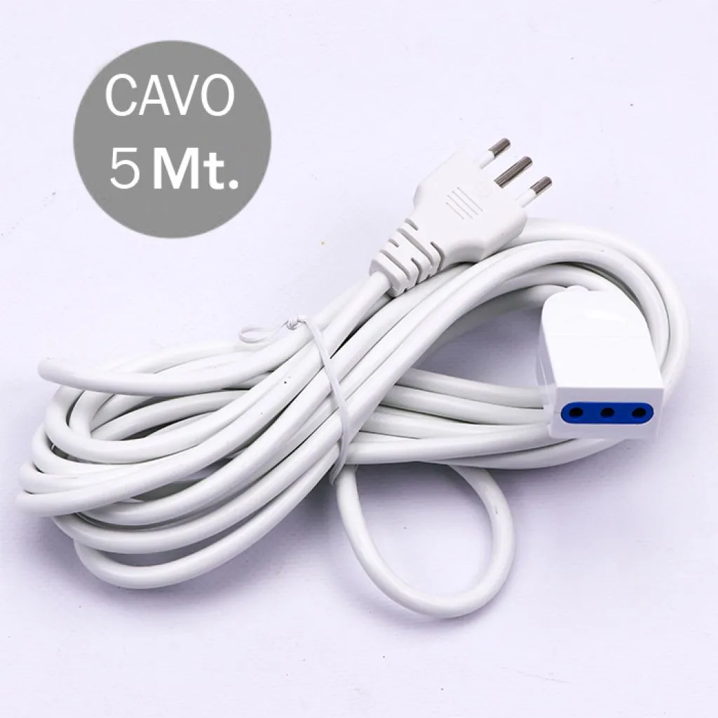 Prolunga Cavo 5m con Spina Bipasso 10A e Presa Bipasso 10A Colore Bianco, vista generale