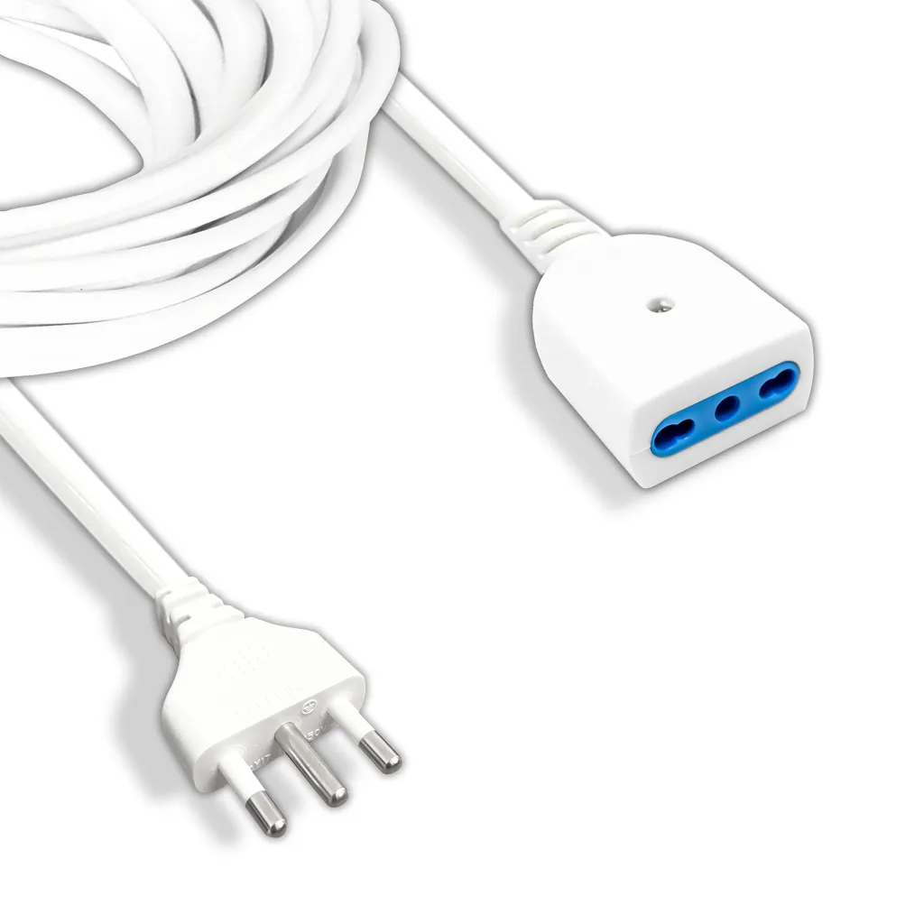 Prolunga Cavo 3m con Spina Bipasso 16A e Presa Bipasso 16A Colore Bianco, vista angolata completa