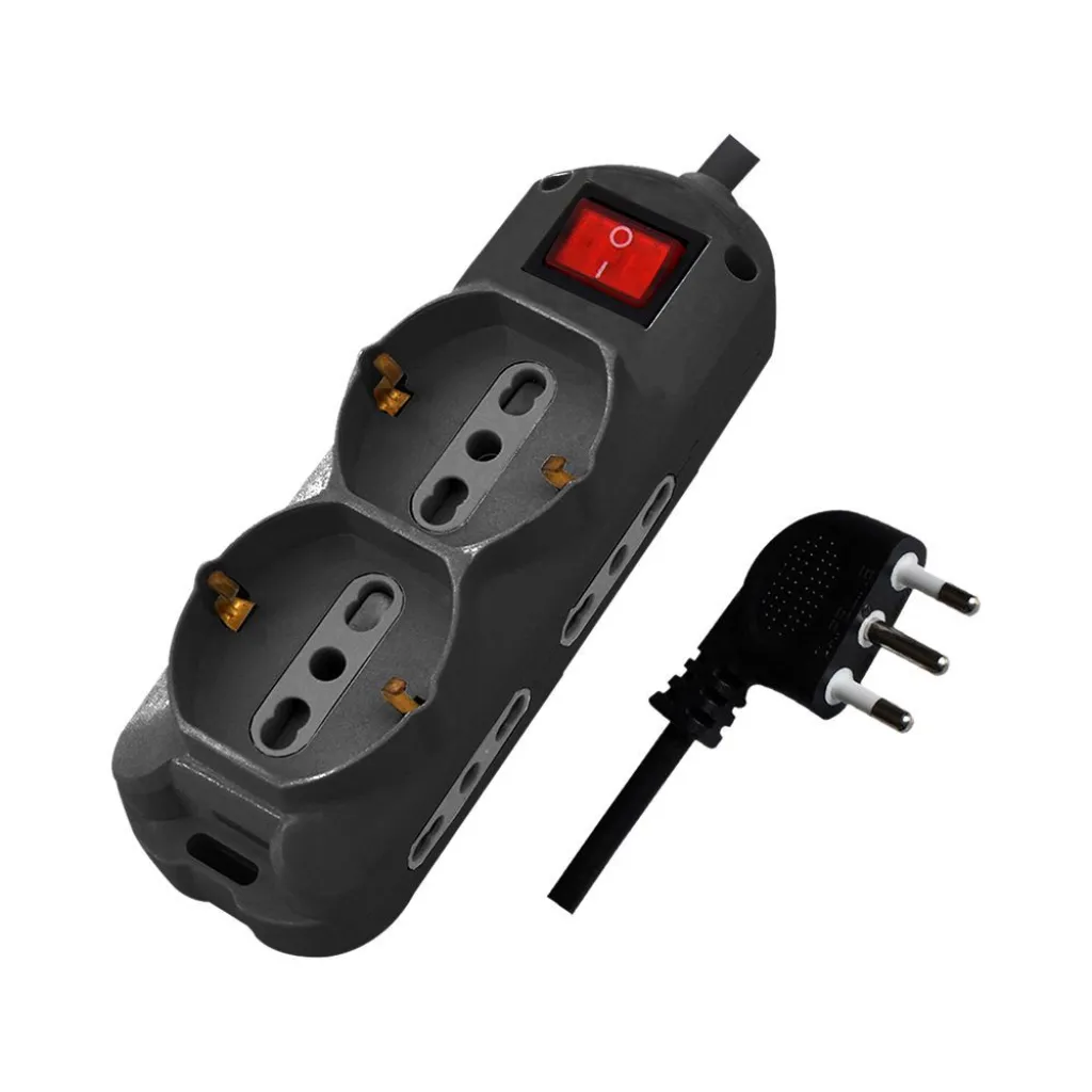 Multipresa con Cavo 1,5m e 6x Prese 10/16A (4x Laterali Bipasso + 2x Frontale Bipasso/Schuko), Spina 16A e Interruttore Colore Nero, vista angolata generale