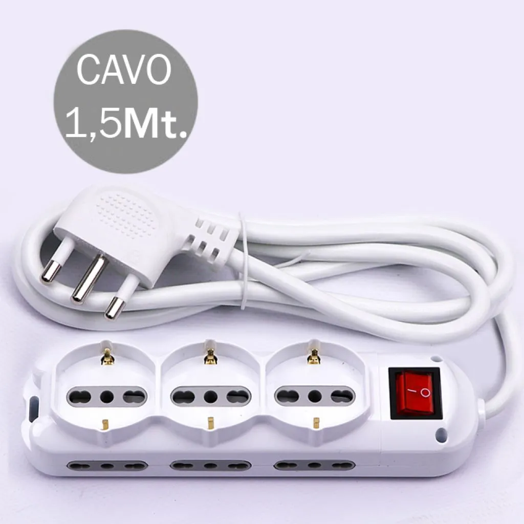 Multipresa con Cavo 1,5m e 9x Prese 10/16A (6x Laterali Bipasso + 3x Frontale Bipasso/Schuko), Spina 16A e Interruttore Colore Bianco, vista dall'alto