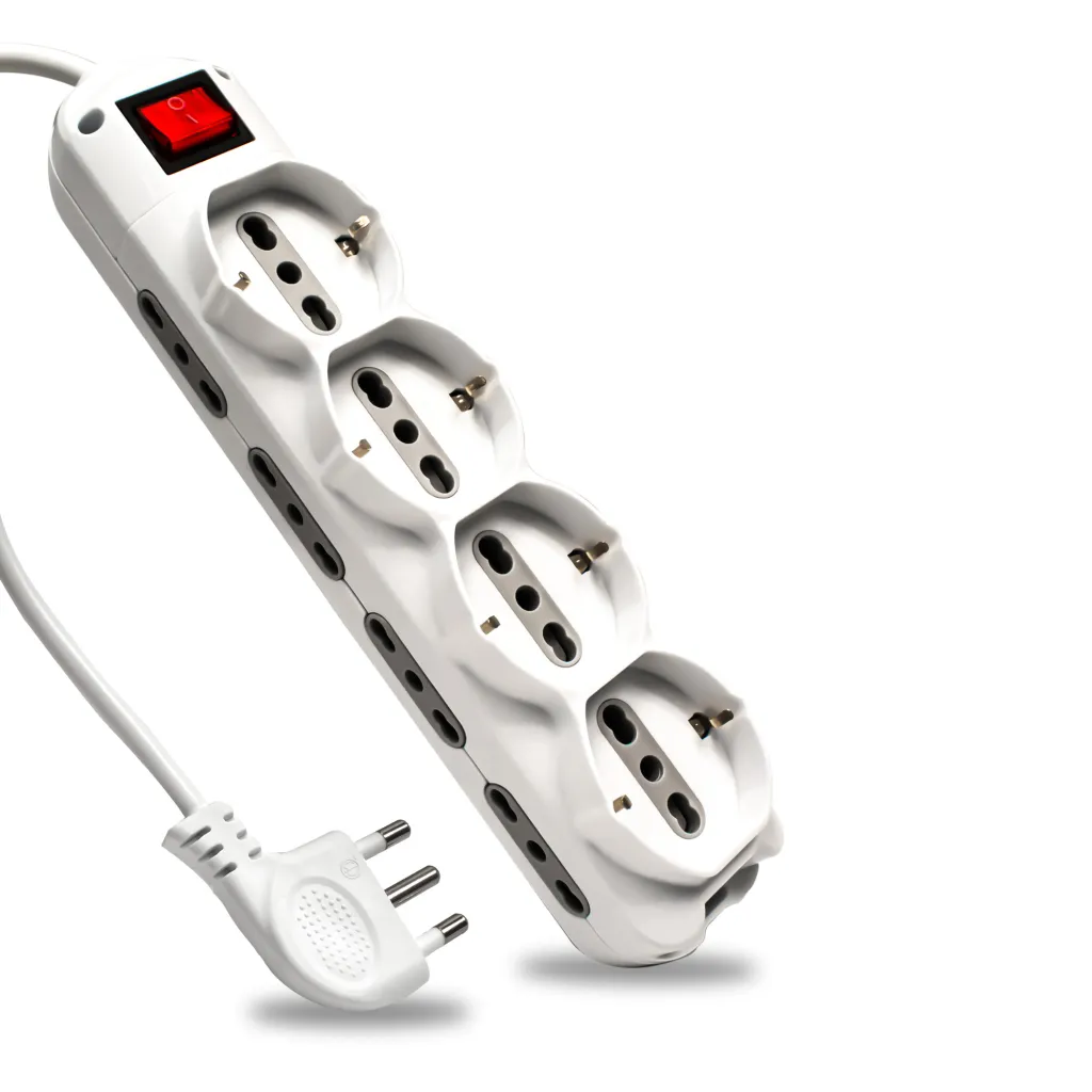 Multipresa con Cavo 1,5m e 12x Prese 10/16A (8x Laterali Bipasso + 4x Frontale Bipasso/Schuko), Spina 16A e Interruttore Colore Bianco, vista angolata