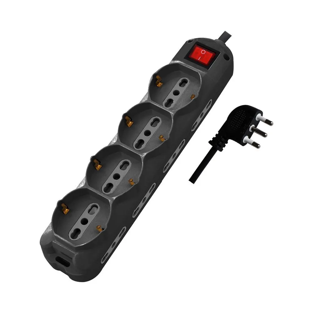 Multipresa con Cavo 1,5m e 12x Prese 10/16A (8x Laterali Bipasso + 4x Frontale Bipasso/Schuko), Spina 16A e Interruttore Colore Nero, vista angolata dall'alto