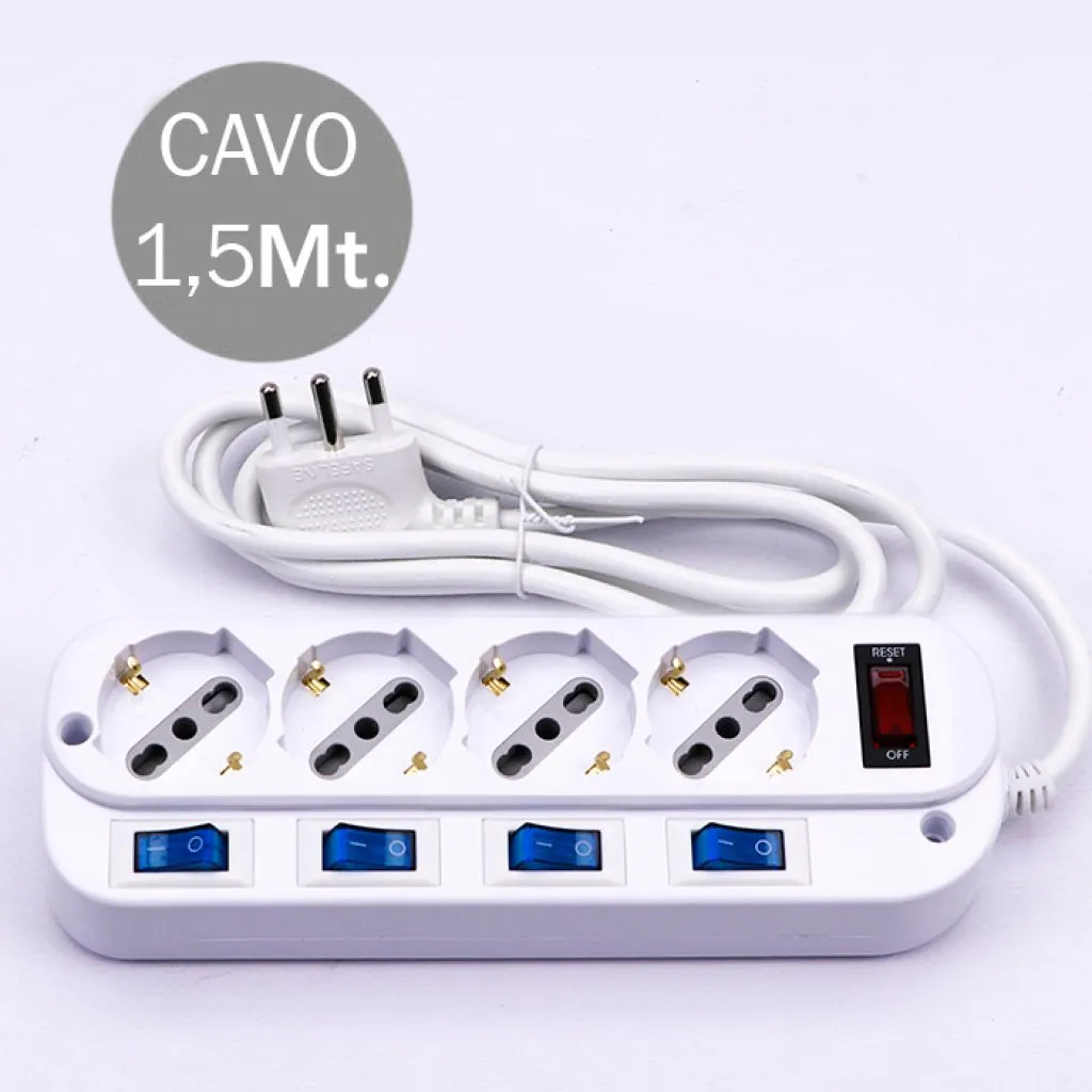 Multipresa con Cavo 1,5m e 4x Prese Bipasso/Schuko 10/16A, Spina 16A e Interruttori Indipendenti + Generale Colore Bianco, vista dall'alto