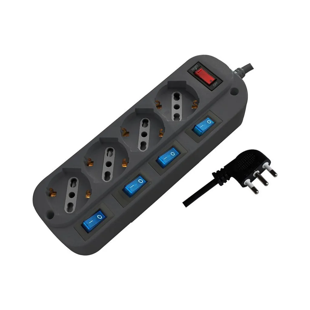 Multipresa con Cavo 1,5m e 4x Prese Bipasso/Schuko 10/16A, Spina 16A e Interruttori Indipendenti + Generale Colore Nero, vista angolata dall'alto