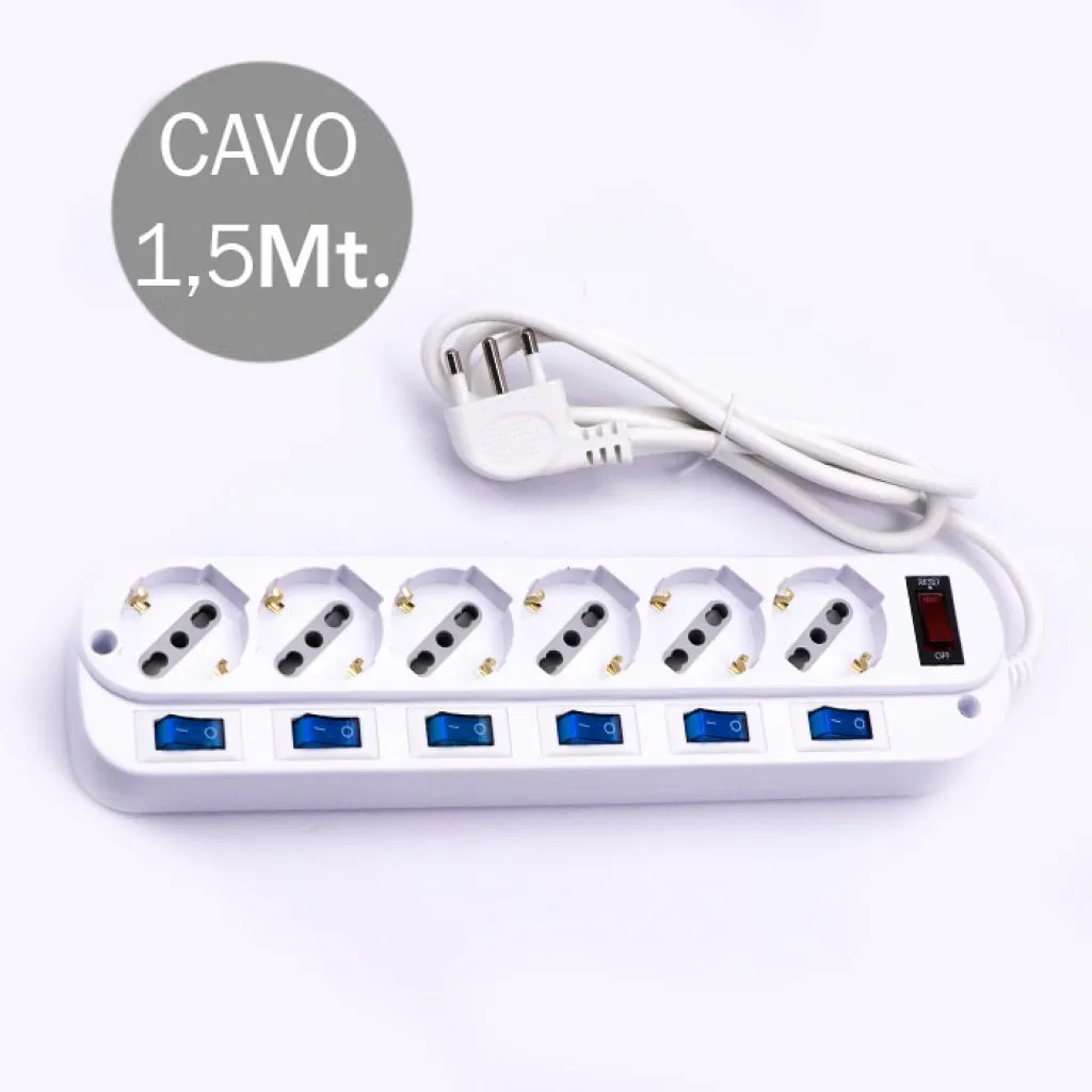 Multipresa con Cavo 1,5m e 6x Prese Bipasso/Schuko 10/16A, Spina 16A e Interruttori Indipendenti + Generale Colore Bianco, vista generale