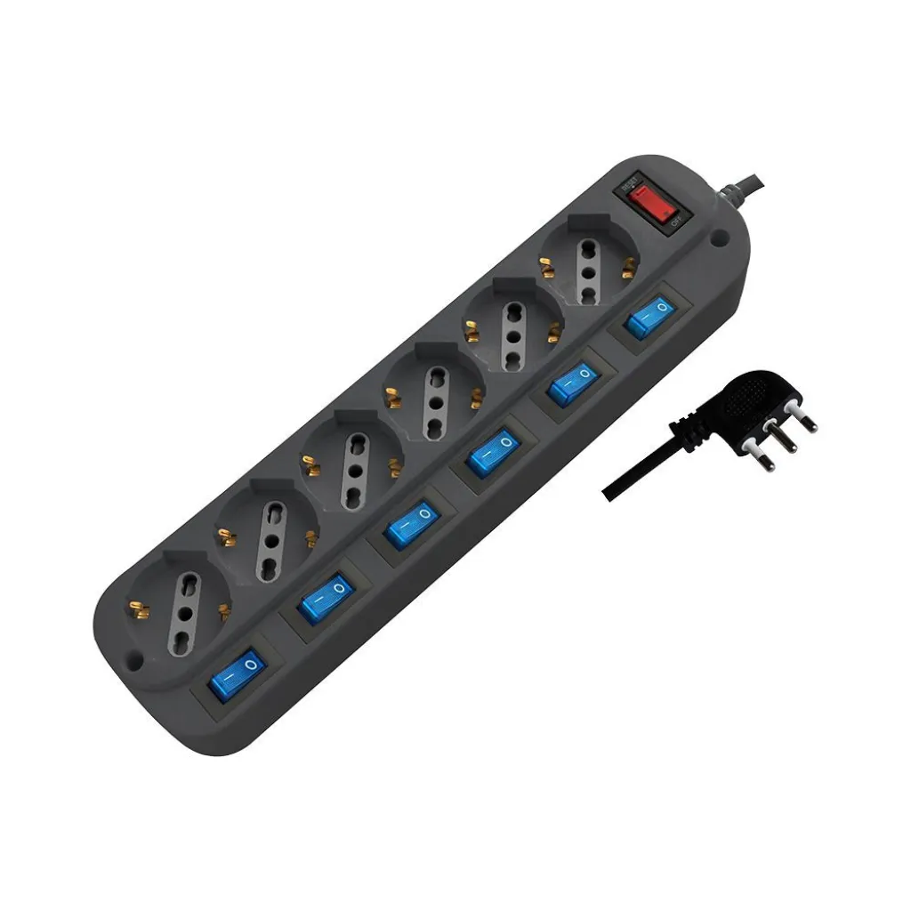 Multipresa con Cavo 1,5m e 6x Prese Bipasso/Schuko 10/16A, Spina 16A e Interruttori Indipendenti + Generale Colore Nero, vista angolata