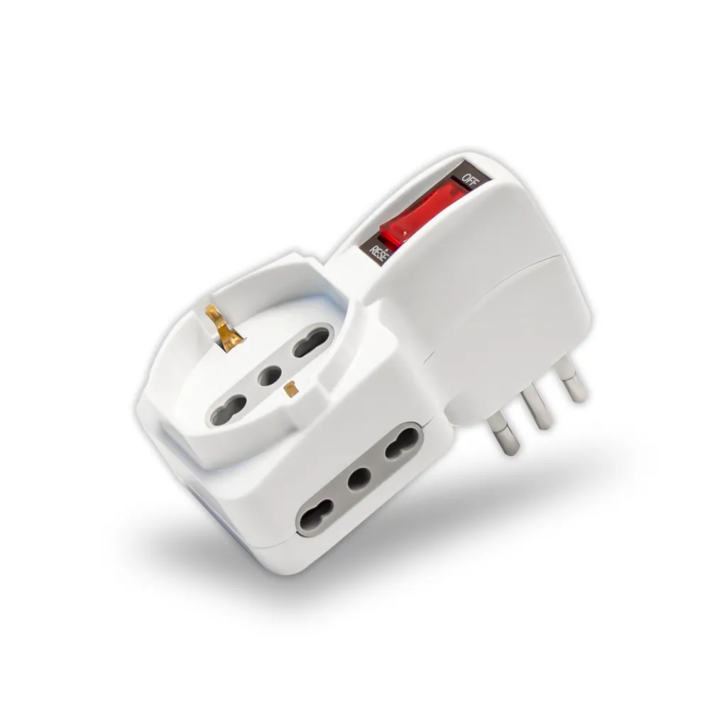 Adattatore Multipresa con 2x Prese Bipasso 10/16A, 1x Presa Bipasso/Schuko 10/16A, Spina 10A e Interruttore Colore Bianco, vista