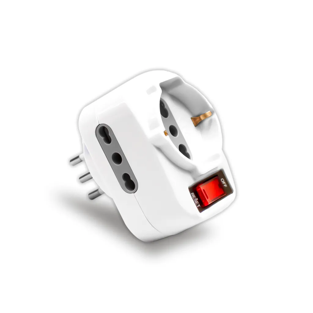 Adattatore Multipresa con 2x Prese Bipasso 10/16A, 1x Presa Bipasso/Schuko 10/16A, Spina 10A Girevole Interruttore Colore Bianco, vista angolata con interruttore