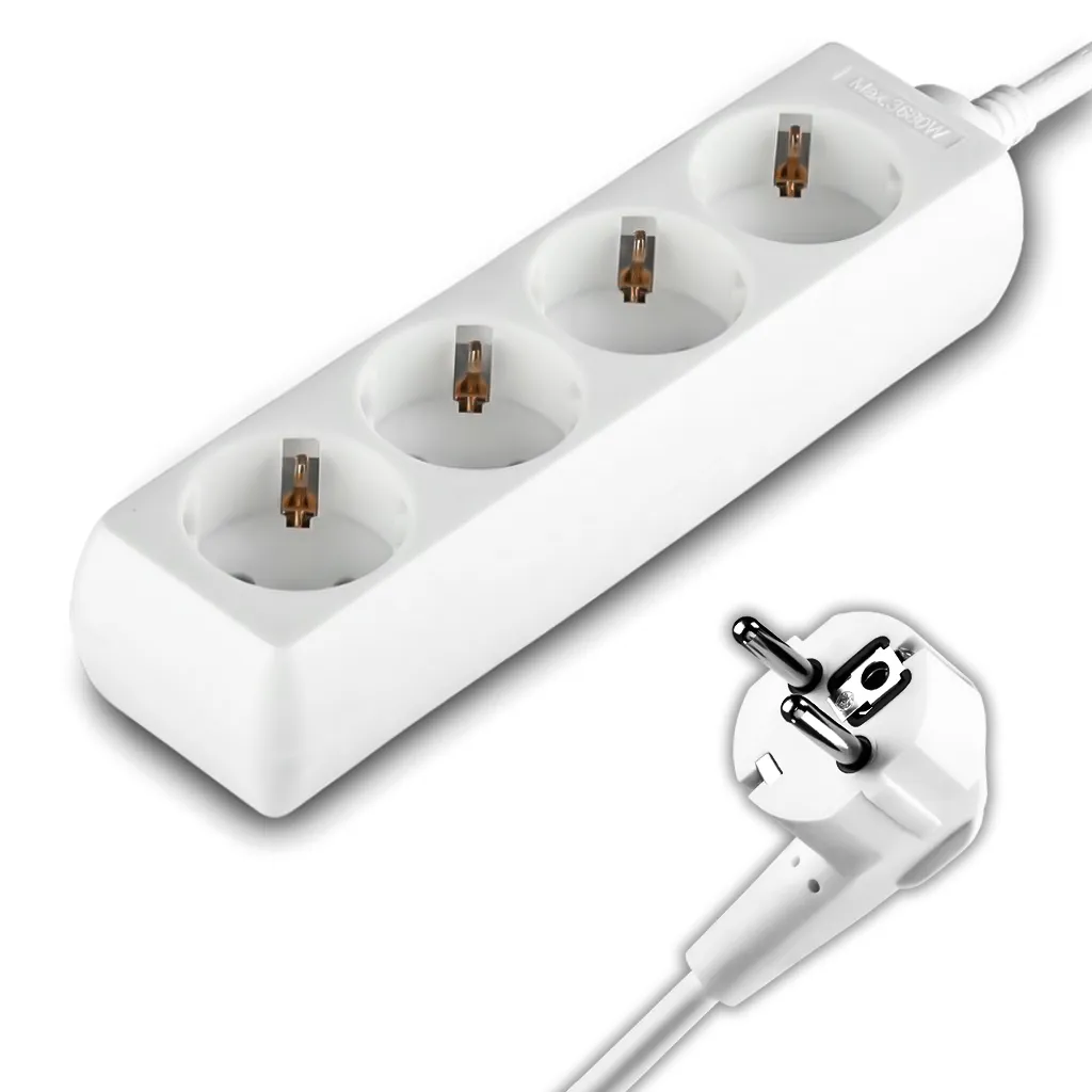 Multipresa con Cavo 3m e 4x Prese Schuko 16A, Spina 16A Colore Bianco, vista angolata con spina