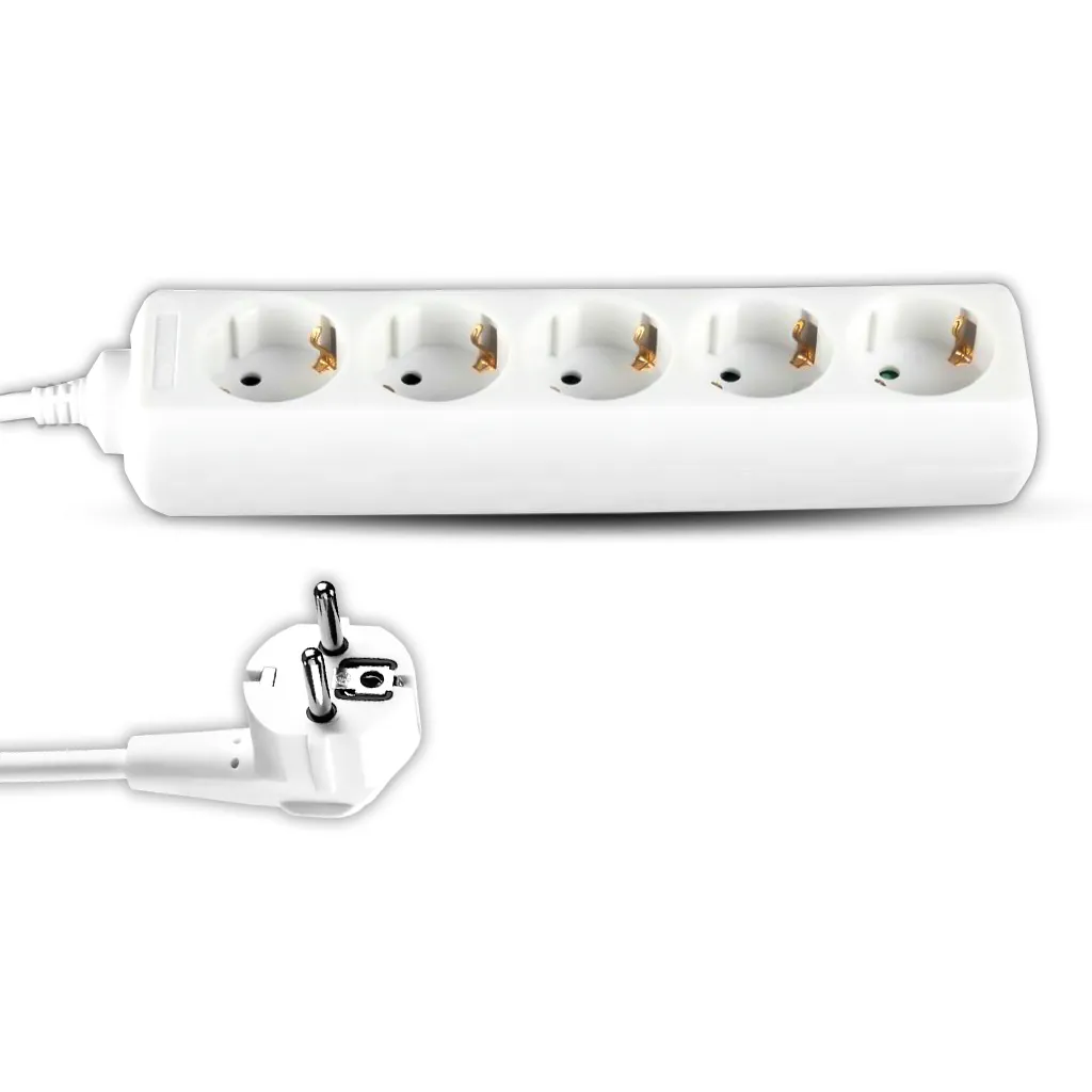 Multipresa con Cavo 3m e 5x Prese Schuko 16A, Spina 16A Colore Bianco, vista dall'alto e dettaglio spina