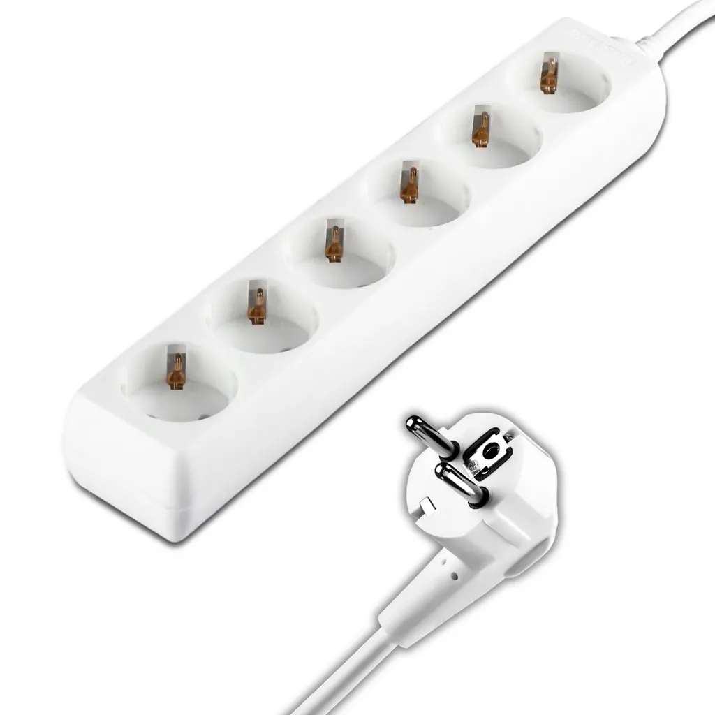 Multipresa con Cavo 3m e 6x Prese Schuko 16A, Spina 16A Colore Bianco, vista angolata e spina