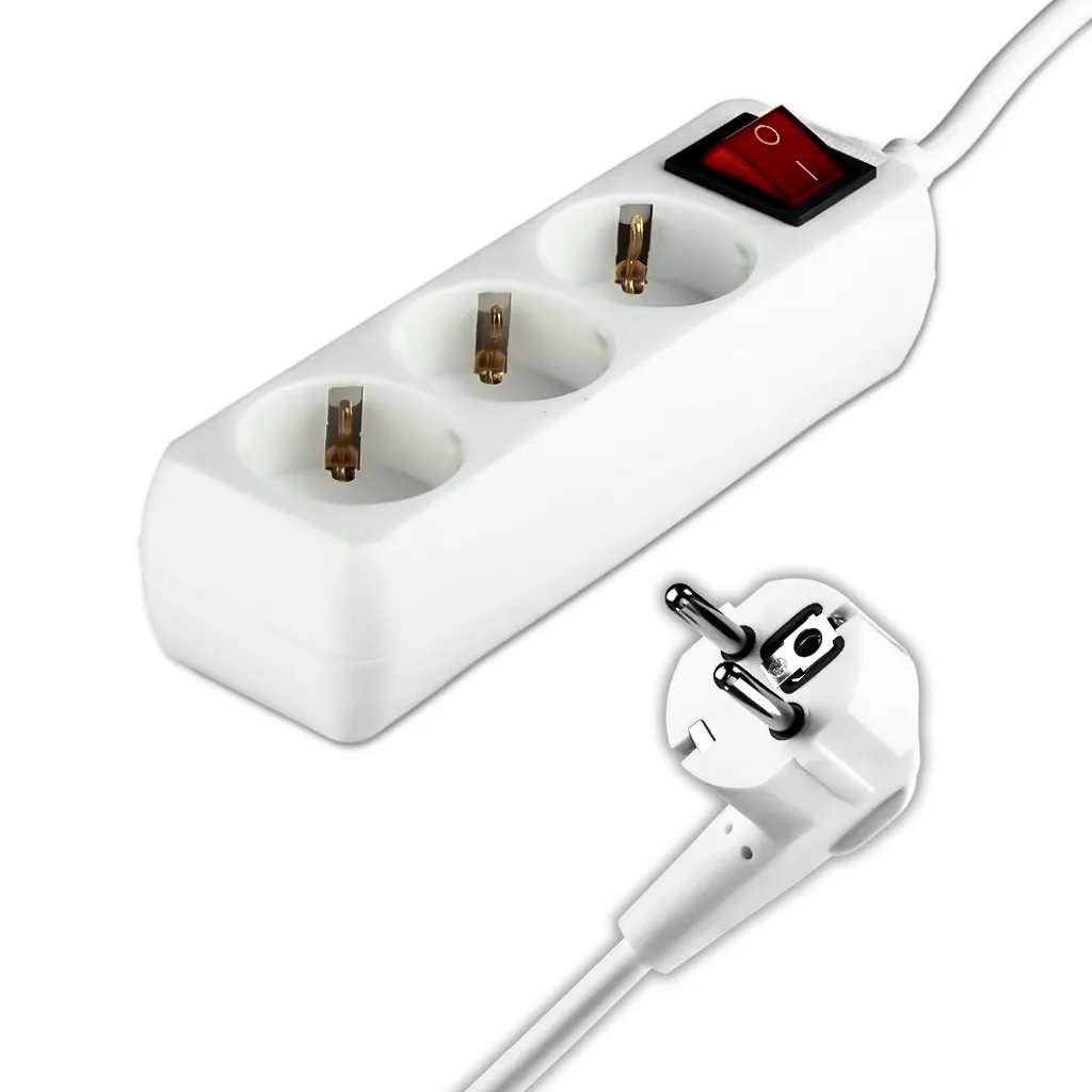 Multipresa con Cavo 1,5m e 3x Prese Schuko 16A, Spina 16A e Interruttore Colore Bianco, vista generale del prodotto